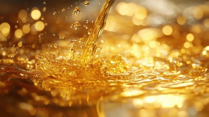 Golden Liquid Pouring with Sparkling Bokeh Background