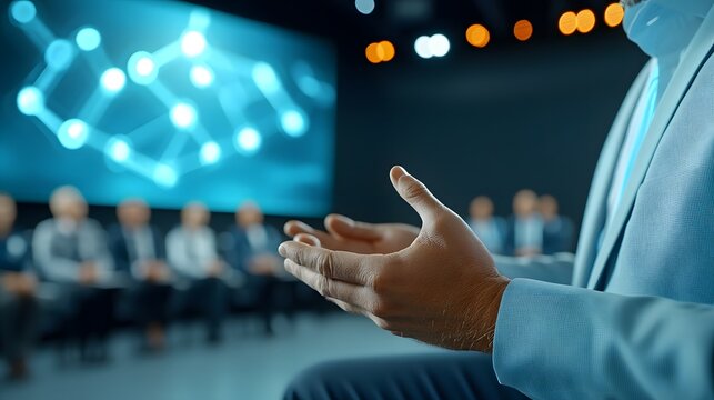 A professional speaker engages an audience during a corporate presentation, showcasing body language and communication skills.