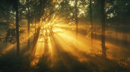 Obraz premium Golden Sunlight Streaming Through Misty Forest at Sunrise
