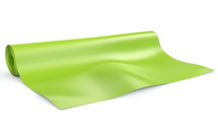 Rolled green paper material on white surface, studio shot, blank background