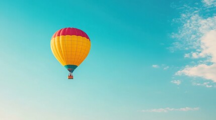 Fototapeta premium Hot air balloon soaring in a clear blue sky during a sunny day above scenic landscape