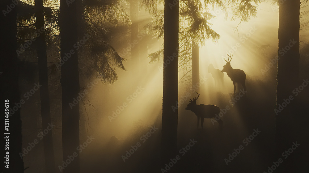 Poster silhouetted deer in misty forest with sun rays filtering through trees