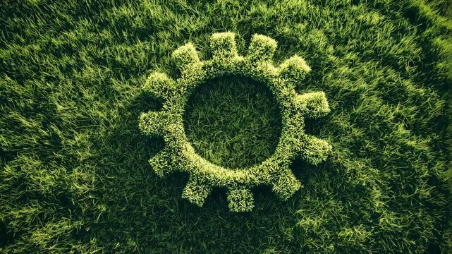 Green gear mark made from leaves on green field. Gear represents environmentally friendly production and ethical policy. Business green transformation and zero carbon emission policy. Video
