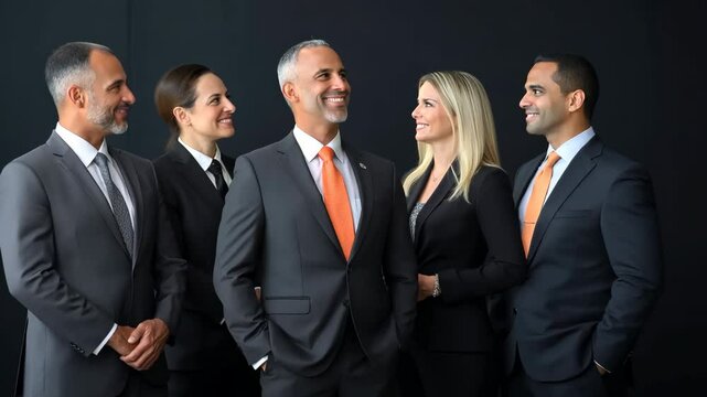A group of men and women in suits and ties pose for a photo