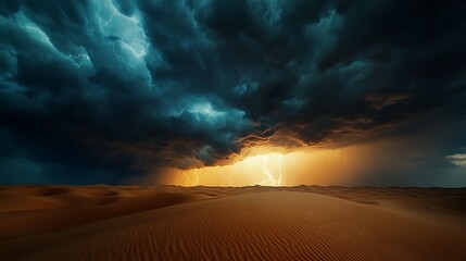 Dramatic thunderstorm illuminates a vast desert landscape with intense lightning strikes