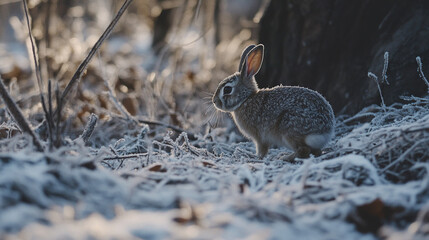 Obraz premium small rabbit hops through frost covered woodland