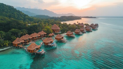 Fototapeta premium Tropical overwater bungalows at sunset