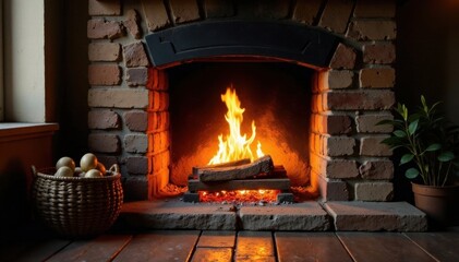 Rustic fireplace; crackling fire, glowing embers, logs, texture, heat