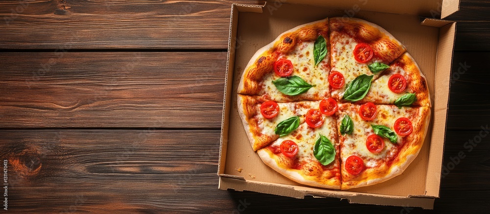 Poster delicious margherita pizza with fresh basil and tomatoes displayed in an open cardboard box on a rus
