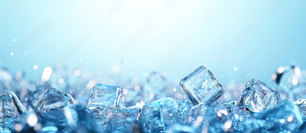 Fototapete transparent ice cubes scattered on a light blue background with sparkling water droplets reflecting 