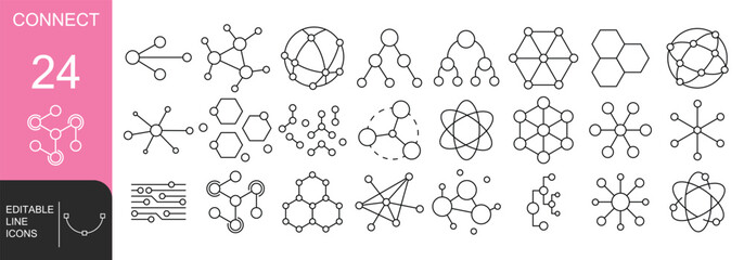 Connect and Semantic Network Line Icon Set – 24 Vector Outline Icons of Data Links, AI, Neural Networks, Digital Connections, and Web Structures with Editable Stroke