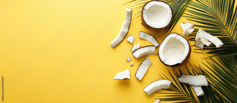 Poster broken coconut pieces scattered with palm leaves on vibrant yellow background creating a tropical fo