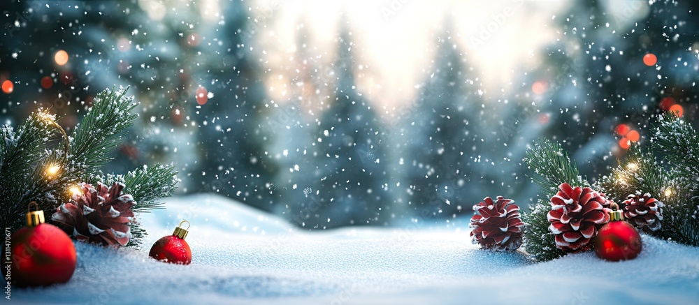Aufkleber winter wonderland scene featuring snow-covered ground with pine cones and red ornaments, illuminated