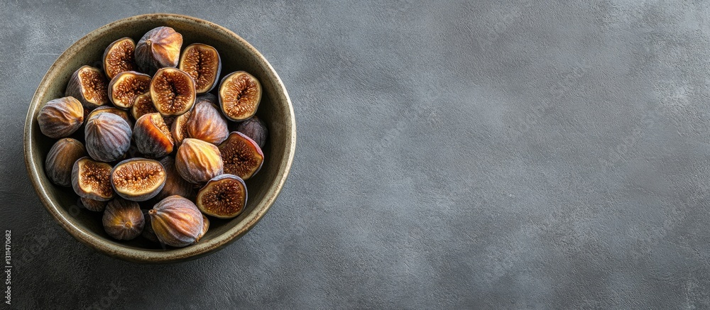 Poster Bowl of assorted dried figs in earthy tones centered on a muted grey background with ample empty space for text and branding.