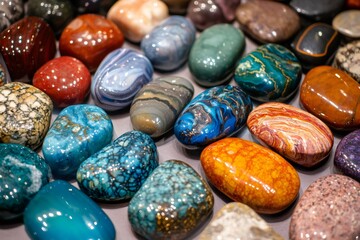 Gemstone Collection: A vibrant array of polished gemstones, each boasting unique colors, patterns, and textures, lies scattered, a captivating display of natural beauty and earth's artistry.