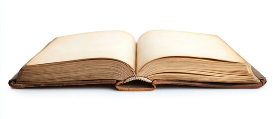 Fototapeta premium Vintage open notebook with yellowed pages centered on a bright white background, showcasing worn leather binding and detailed spine texture.