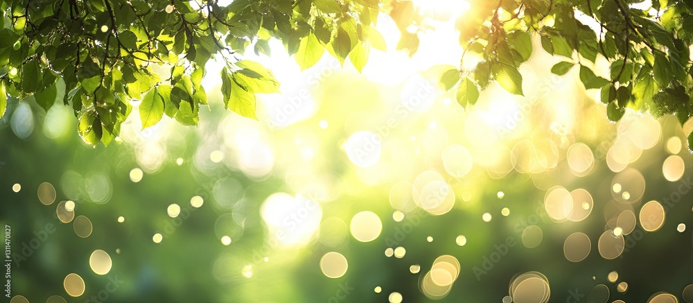 Poster sunlit bokeh background with soft green leaves overhead and a vibrant blur of natural greens and gol