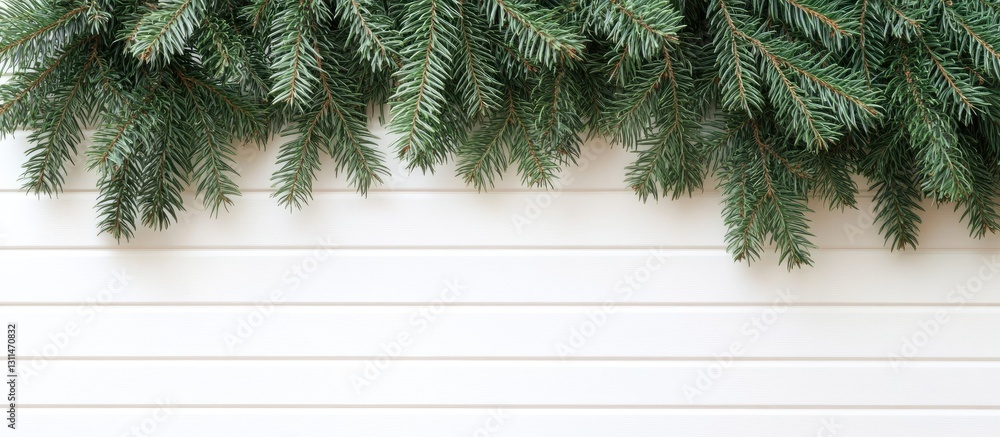 Poster Fir branches arranged at the top of a white striped background creating a festive atmosphere with ample copy space for holiday designs.