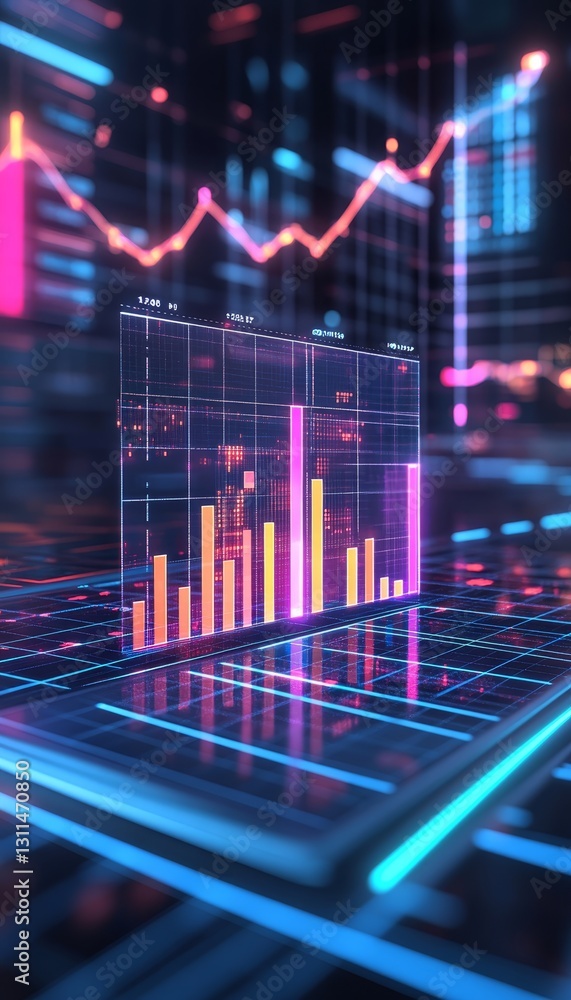 Poster abstract data visualization, bar line chart with futuristic glow in vibrant colors