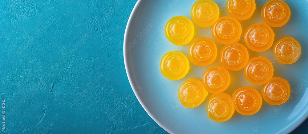 Poster yellow passion fruit jelly candies arranged in a circular pattern on a light blue plate against a vi