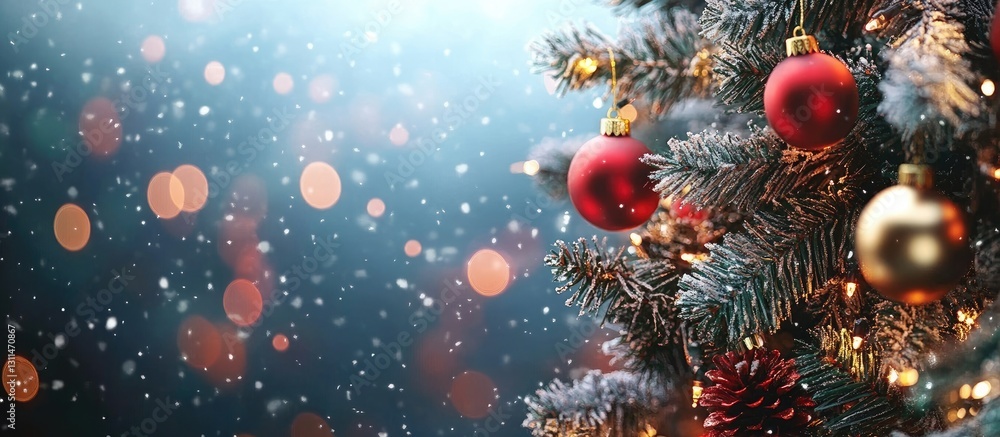 Poster Christmas tree branches adorned with red and gold ornaments on a blurred background of blue and soft bokeh lights creating a festive atmosphere