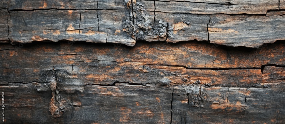 Poster weathered wood surface with deep cracks and rough texture in dark brown and black tones, featuring p