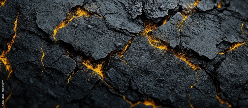 Poster textured abstract background featuring black cracked surface with glowing yellow cracks, ideal for b