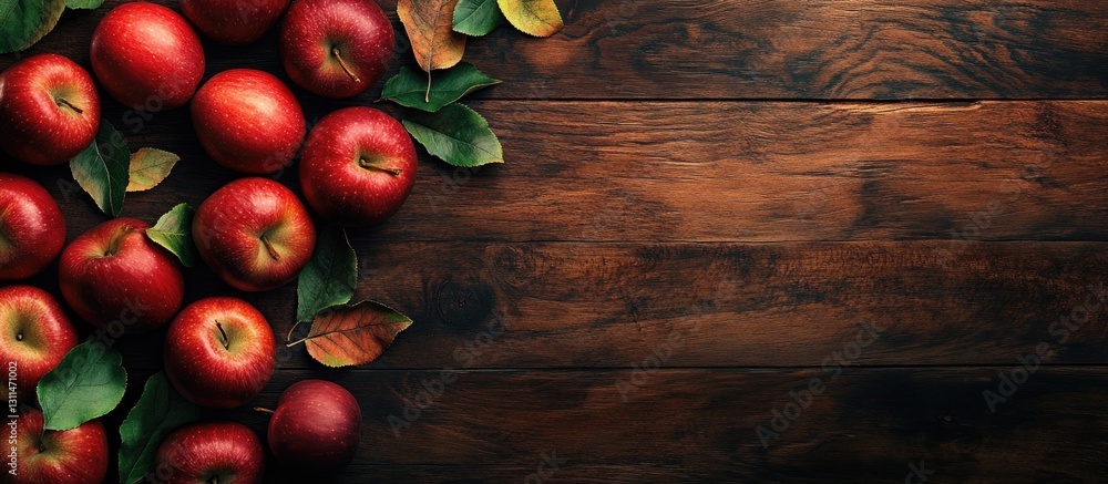 Poster Fresh red apples arranged on a rustic wooden board with green leaves and autumn foliage creating a natural fall-themed background for copyspace
