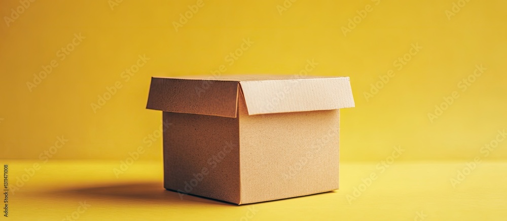 Poster brown paper box against a vibrant yellow background creating ample copy space for festive designs or