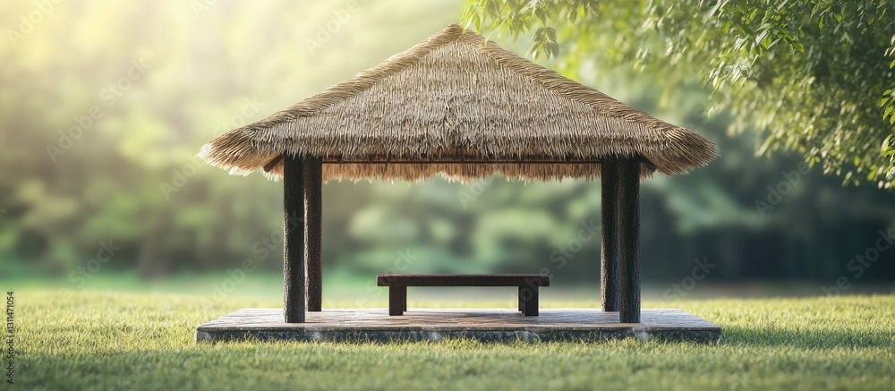 Poster rustic gazebo with a straw roof sits against a soft-focus green background featuring lush trees and 