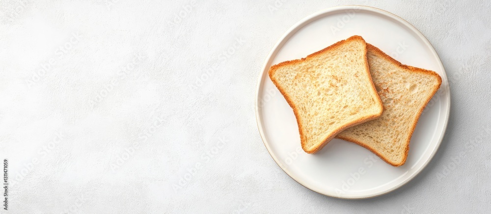Poster toasted bread slices on a white plate positioned centrally on a light gray table surface, viewed fro