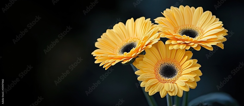 Poster vibrant yellow gerbera daisies with dark centers arranged elegantly on the right against a soft blac