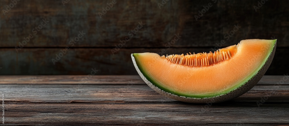 Poster ripe cantaloupe melon slice in warm orange hues positioned on a rustic wooden surface with textured 