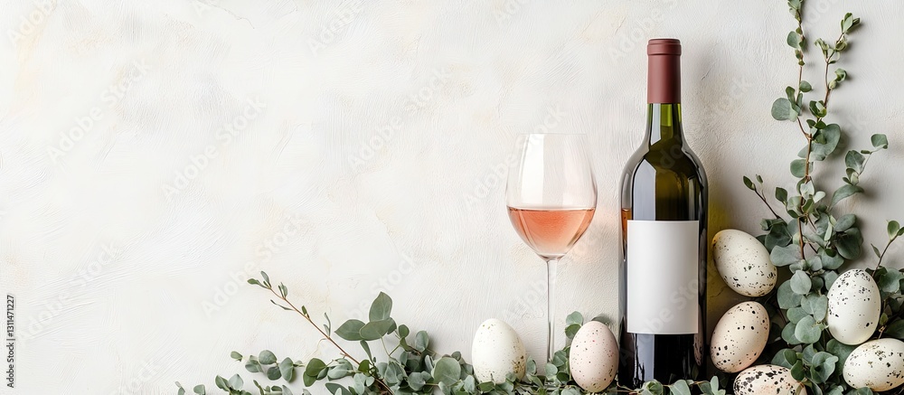 Aufkleber elegant arrangement of a wine bottle and glass with easter eggs surrounded by fresh eucalyptus branc