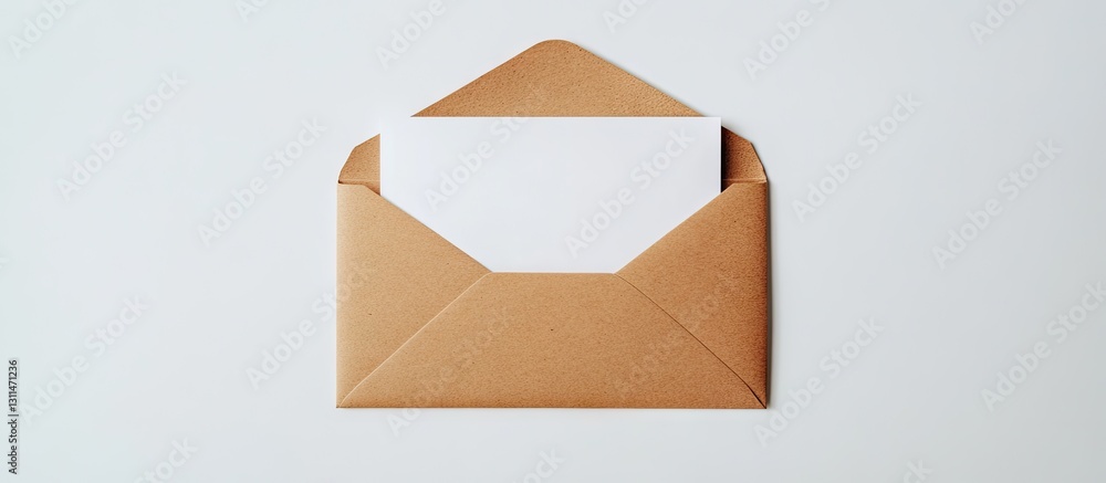 Poster horizontal mockup of a blank white greeting card resting inside a brown craft paper envelope positio