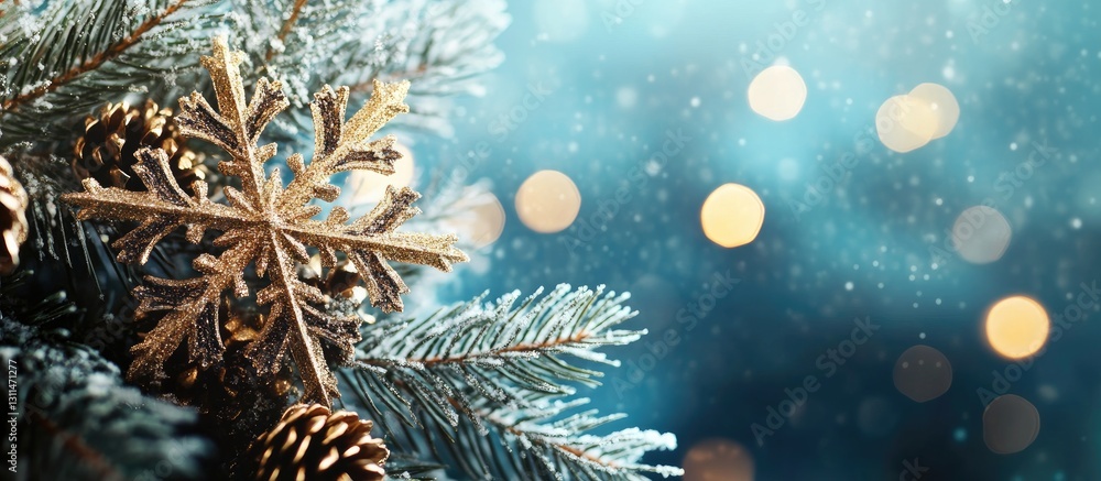 Poster frosted fir branches adorned with golden snowflakes and pine cones on a soft blue background with sh
