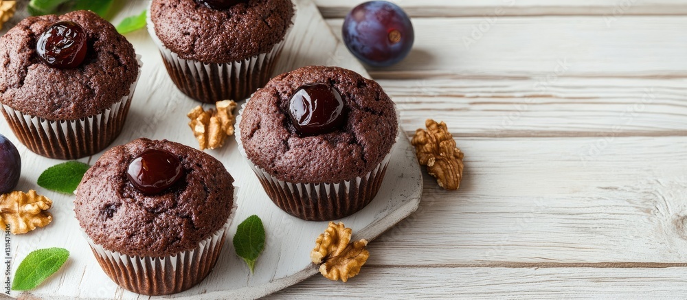 Poster chocolate muffins topped with jelly plums and walnuts arranged on a white wooden table with green le