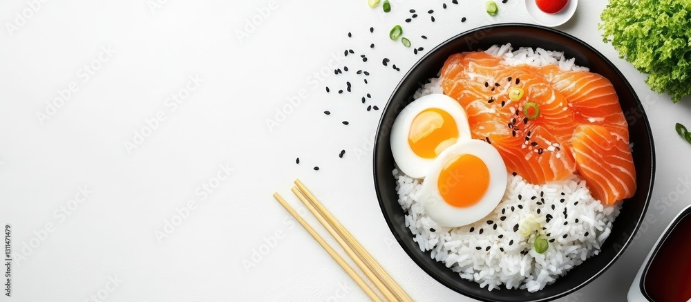 Poster bowl of sushi rice topped with fresh salmon slices and soft boiled eggs garnished with black sesame 