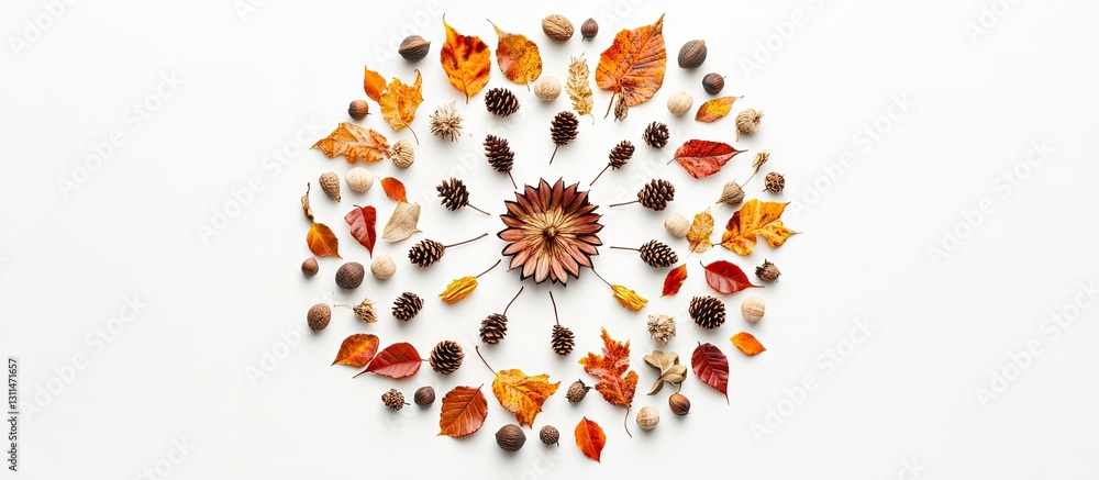 Poster autumn mandala made from colorful leaves cones chestnuts and acorns arranged circularly on a bright 
