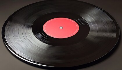 Black Vinyl Record with Red Label Close-Up