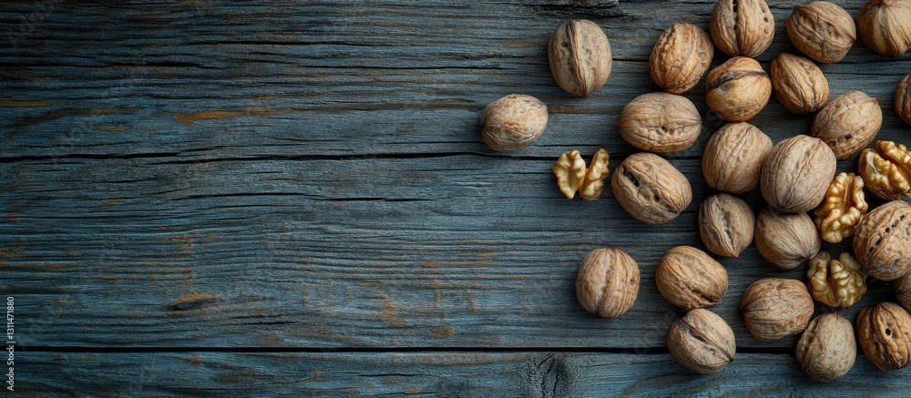 Poster close up of walnuts positioned on a rustic dark wooden surface with scattered nuts and a cracked wal