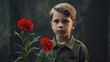 The concept of the May 9th holiday. Portrait of a handsome boy in khaki clothes with red carnation flowers. Celebration of Victory Day 1941-1945.