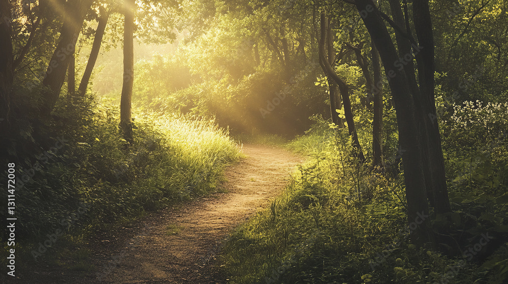 Poster sunlit forest path with soft golden rays creates tranquil atmosphere