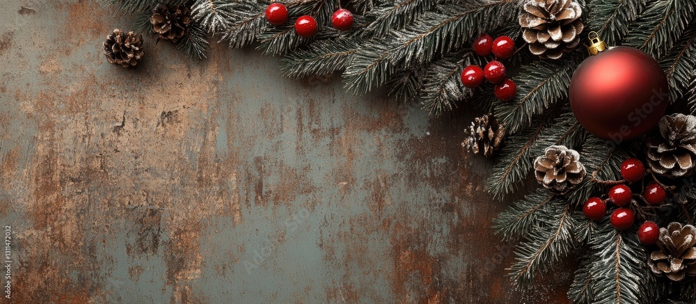 Aufkleber rustic christmas decoration featuring evergreen branches red berries and pinecones on a textured bro