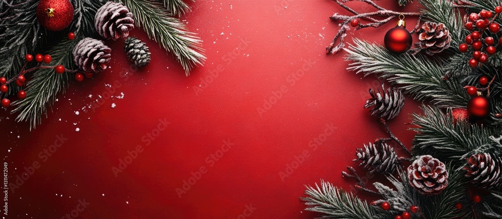 Aufkleber rustic christmas flat lay featuring green pine branches, red ornaments, and snowflakes on a vibrant 