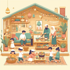 Obraz premium A cozy family Eid gathering in a tiny home, with children playing and parents preparing food, illustrated in a warm and pastel flat design