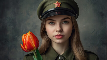 The concept of the May 9th holiday. Portrait of a beautiful girl in khaki clothes with red carnation flowers. Celebration of Victory Day 1941-1945.