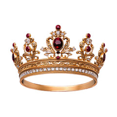 A luxurious golden crown adorned with sparkling gemstones.
