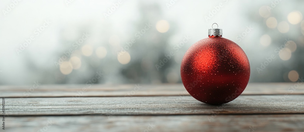 Poster red christmas ornament placed to the right on a rustic wooden table with a soft blurred background o