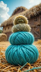 Cute Yarn Doll on Stacked Balls of Wool Yarn Outdoors Rustic Hay Barn Background